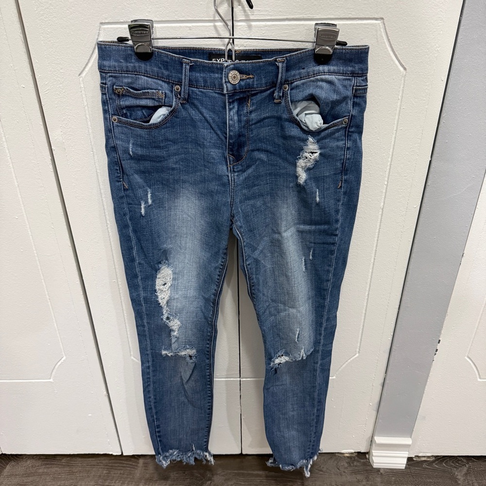 Express Jeans Cropped Legging Mid Rise Distressed Jeans